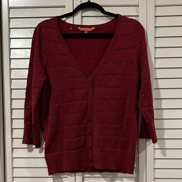 Modcloth Sweaters - ModCloth Burgundy V-Neck Button Cardigan W/ Glitter Stripes Size L